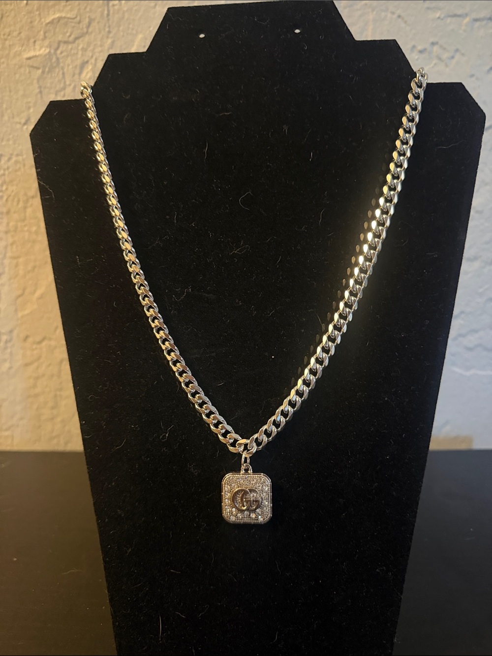 Inspired Silver-Tone Chain Necklace with Pavé Square Pendant
